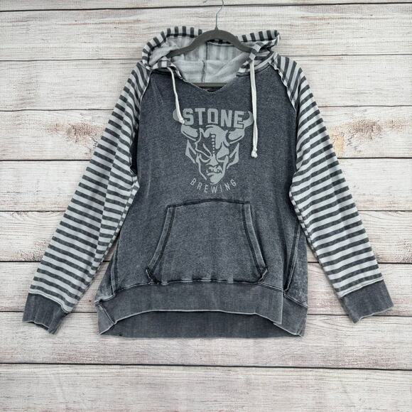 Stone Brewing V-Neck Striped Hoodie Sweatshirt Womens XL Gray Rough Seam - Picture 1 of 11